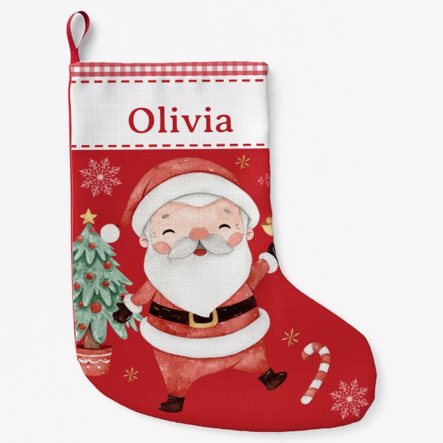 Cute Santa Claus Tree Candy Cane Red Gingham  Small Christmas Stocking (Front)
