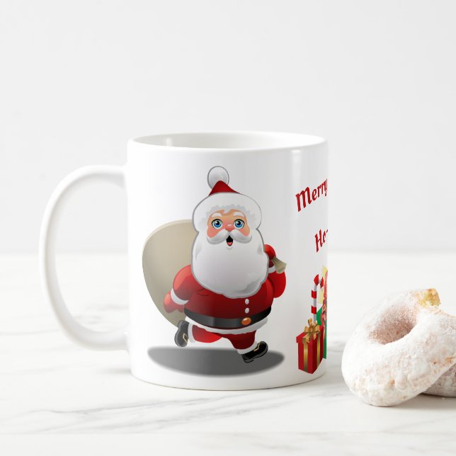 Cute Santa Claus With a Sack Full of Gifts Coffee Mug (With Donut)