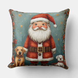 Cute Santa Claus with Dogs in Festive Throw Pillow