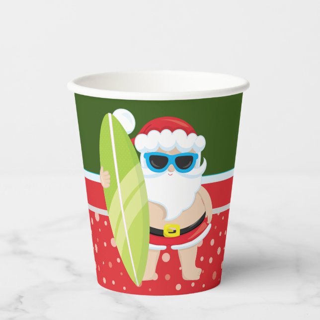 Cute Santa Claus with surfboard beach dude Paper Cups (Front)