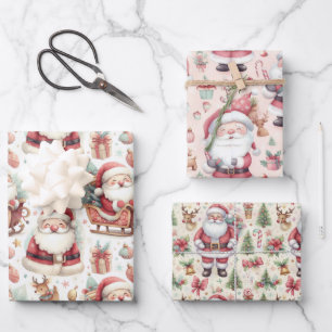 Cute Santa Clauses Sleighs Presents and Reindeer Wrapping Paper Sheet