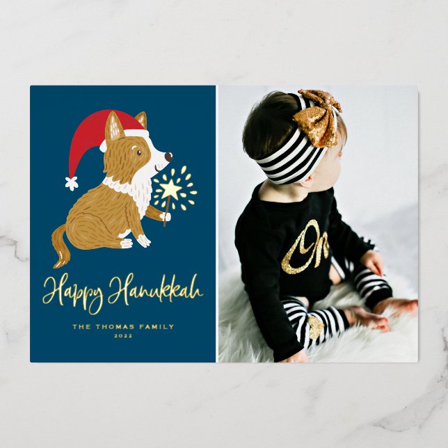 Cute Santa Corgi Photo Blue Happy Hanukkah Foil Holiday Card (Front)
