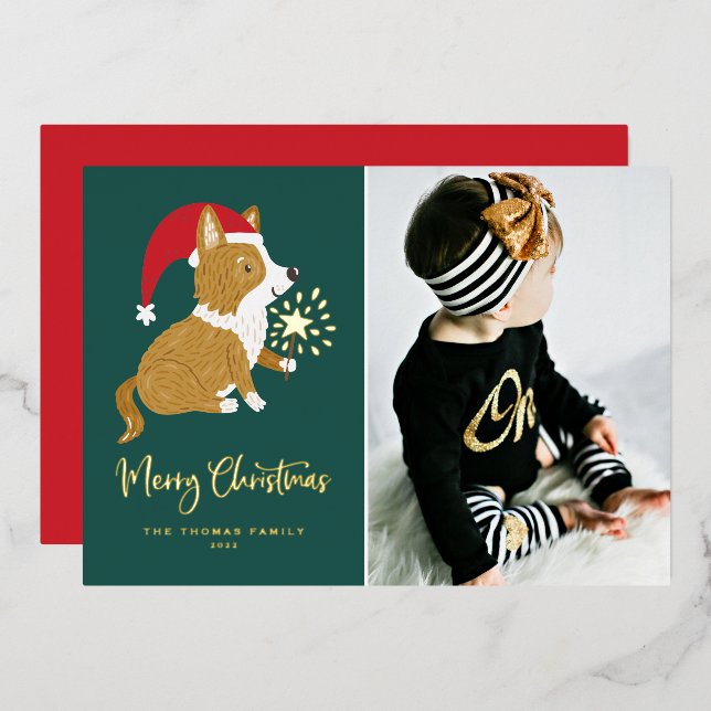 Cute Santa Corgi Photo Merry Christmas Foil Holiday Card (Front/Back)