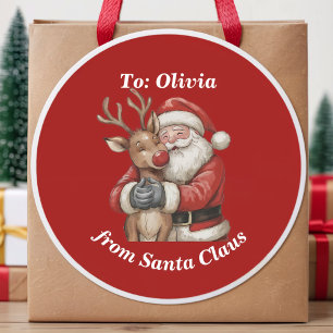 Cute Santa & Deer Personalized Red Christmas Gift Classic Round Sticker
