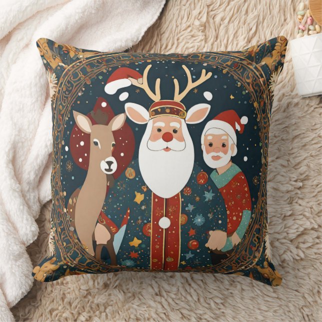 Cute Santa Deer  Throw Pillow (Blanket)