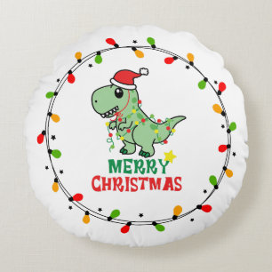 Cute Santa Dino Merry Christmas Round Pillow