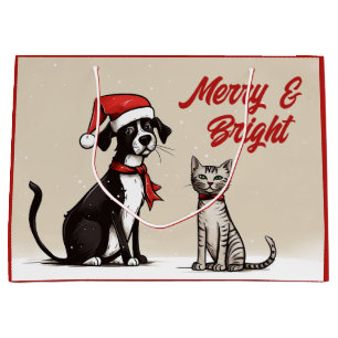 Cute Santa Dog and Cat Merry and Bright Christmas Large Gift Bag