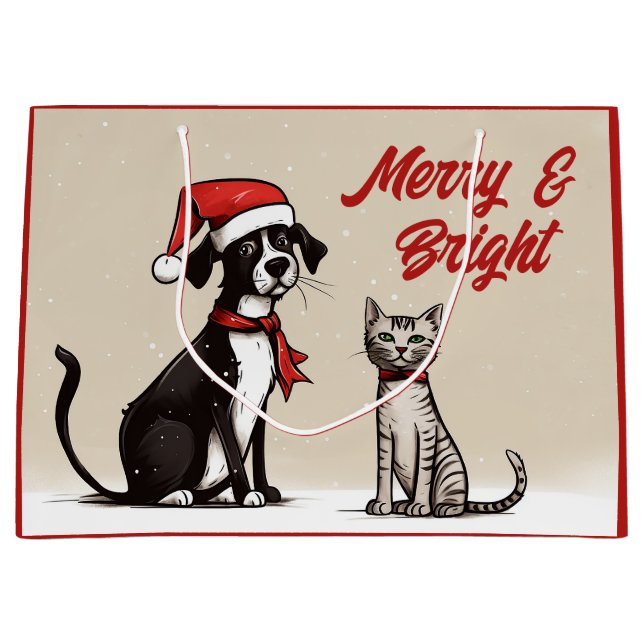 Cute Santa Dog and Cat Merry and Bright Christmas Large Gift Bag (Front)