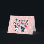 Cute Santa Dog & Cat Illustration Christmas Holiday Card<br><div class="desc">This is a cartoon style illustration of a cute dog and cat wearing santa hats. I tried to portray the characteristics of dogs and cats in their faces. The dog has his tongue out and smiling innocently. The cat looks unamused and annoyed. This is a hand drawn art. In the...</div>