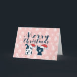 Cute Santa Dog & Cat Illustration Christmas Holiday Card<br><div class="desc">This is a cartoon style illustration of a cute dog and cat wearing santa hats. I tried to portray the characteristics of dogs and cats in their faces. The dog has his tongue out and smiling innocently. The cat looks unamused and annoyed. This is a hand drawn art. In the...</div>