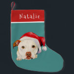 Cute Santa Dog Pit Bull Terrier Personalized Small Christmas Stocking<br><div class="desc">Adorable watercolor illustration of a white American pit bull terrier dog with a red santa hat. . A name can be added at the top of the stocking. Perfect design for pit bull lovers and owners so that they could include their pets to the holiday spirit!</div>