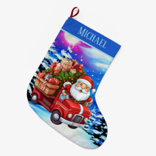 Cute Santa driving car add name Large Christmas Stocking