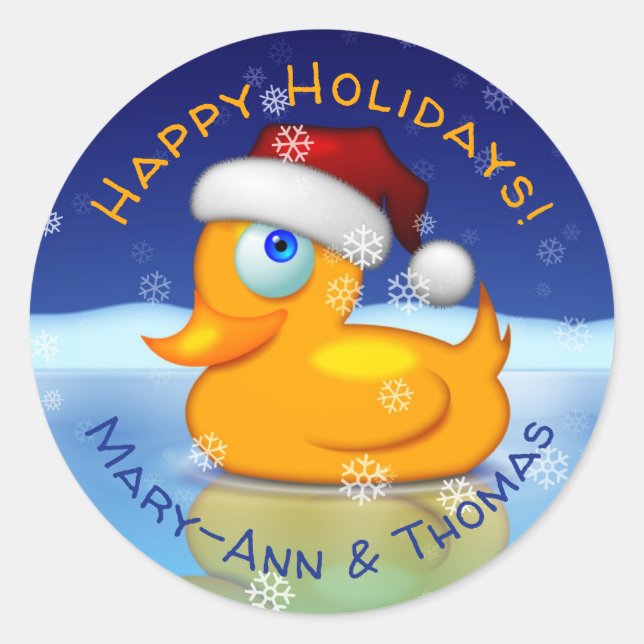 Cute Santa Duck With holiday Greetings And Names Classic Round Sticker (Front)