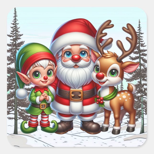 Cute Santa, Elf and Reindeer Christmas  Square Sticker (Front)