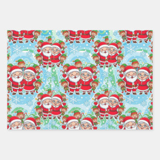 Cute Santa & Elves Christmas Pattern Wrapping Paper Sheet
