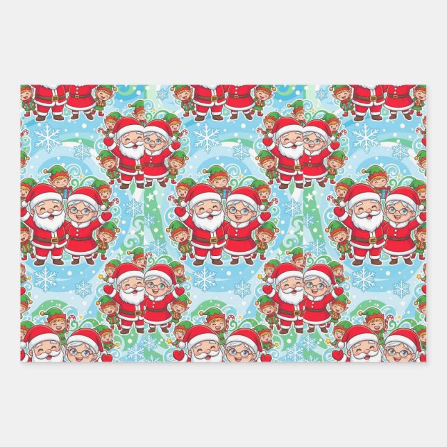 Cute Santa & Elves Christmas Pattern Wrapping Paper Sheet (Front)