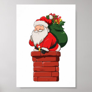 Cute Santa Entering Chimney with Gift Bag Poster