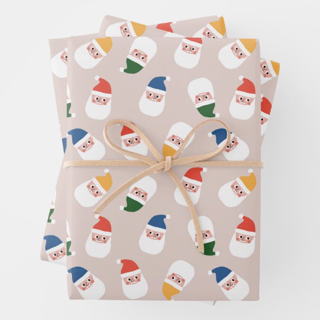 Cute Santa Faces Christmas Pattern Wrapping Paper Sheet (In situ)