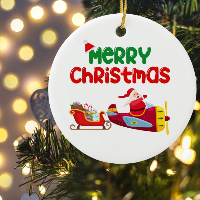 Cute Santa Flying in Airplane & Sleigh,Christmas Ceramic Ornament (Creator Uploaded)