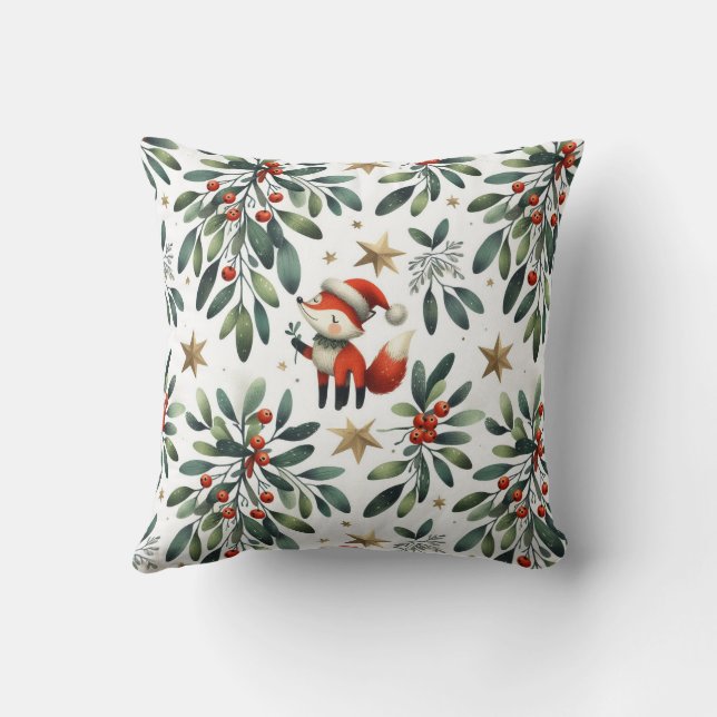 Cute Santa Fox Mistletoe branch Throw Pillow (Back)