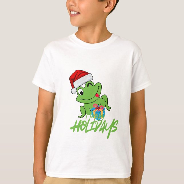Cute Santa Frog | Funny “Hoppy Holidays” Christmas T-Shirt (Front)
