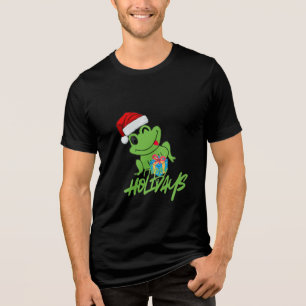 Cute Santa Frog Funny “Hoppy Holidays” Christmas Tri-Blend Shirt