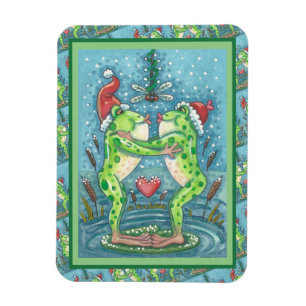 CUTE SANTA FROGS KISSING UNDER DRAGONFLY MISTLETOE MAGNET