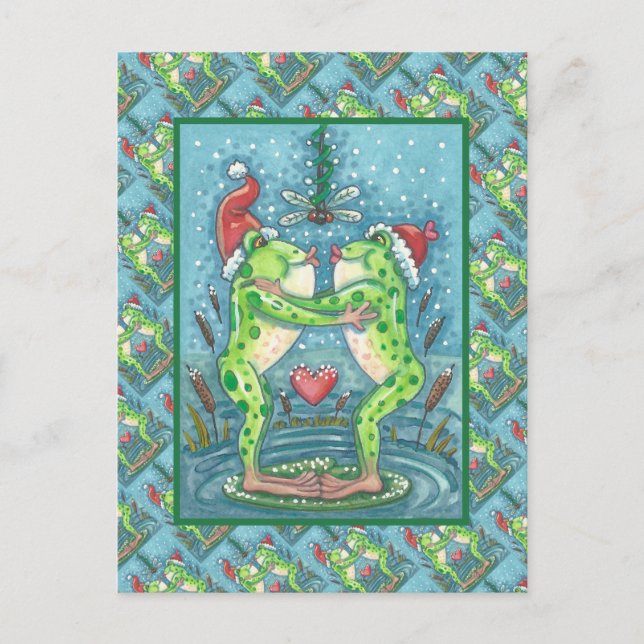 CUTE SANTA FROGS KISSING UNDER DRAGONFLY MISTLETOE POSTCARD (Front)