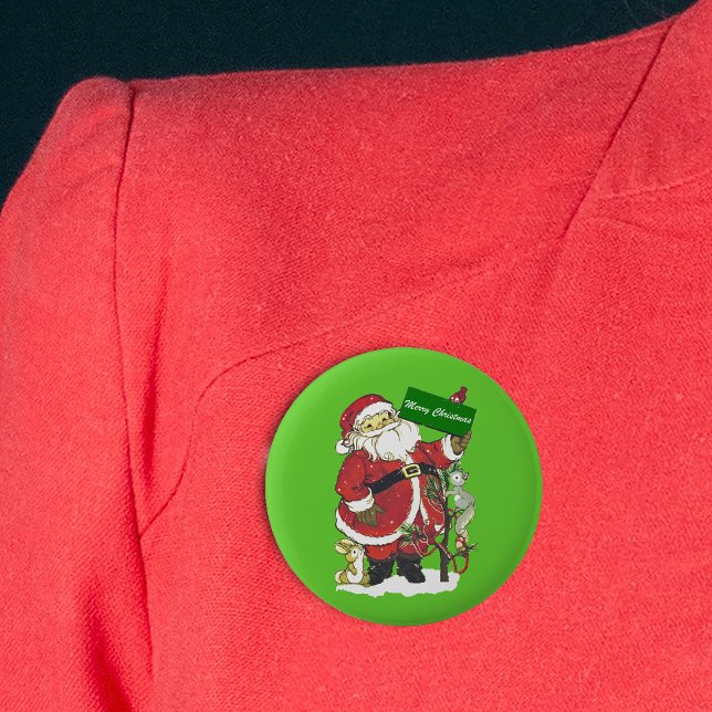 Cute Santa Furry Animals Merry Christmas 2 Inch Round Button (Santa Claus little animals in snow decorated tree Merry Christmas sign on green pin back button.)