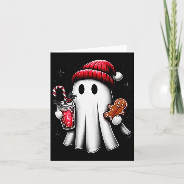 Cute Santa Ghost Drinking Coffee Ice Coffee Christ Card (Front)