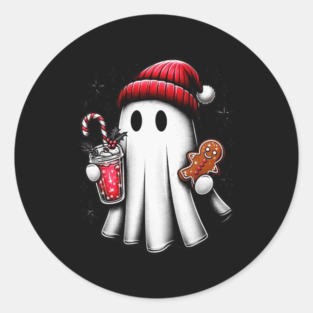 Cute Santa Ghost Drinking Coffee Ice Coffee Christ Classic Round Sticker (Front)