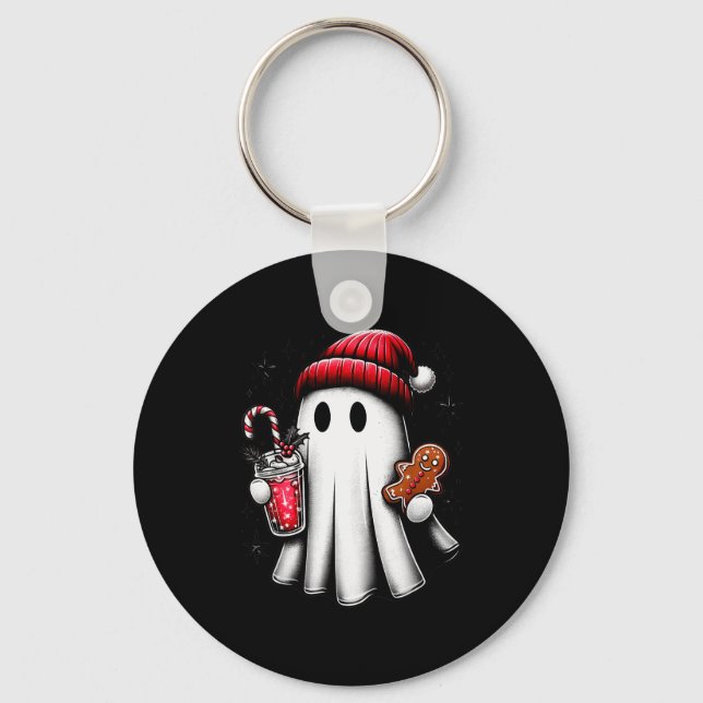 Cute Santa Ghost Drinking Coffee Ice Coffee Christ Keychain (Front)