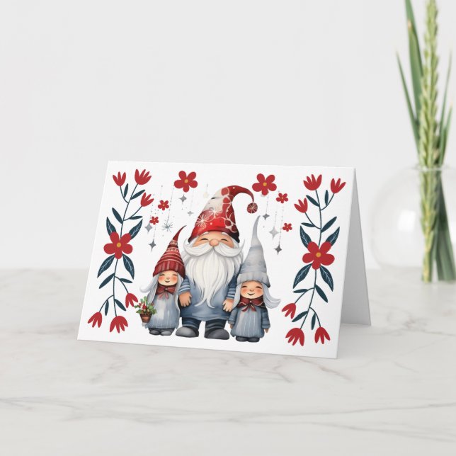 Cute Santa Gnome & Florals Blank Christmas Card (Front)