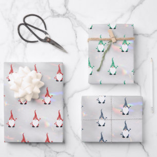 Cute Santa Gnome Pattern Sparkly White Silver 3-pc Wrapping Paper Sheet