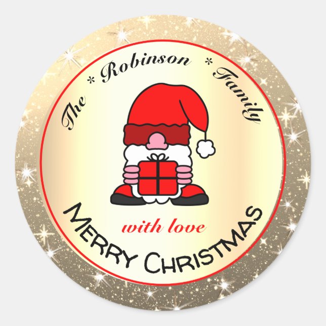 Cute Santa Gold and Glitter Effect Christmas Stars Classic Round Sticker (Front)