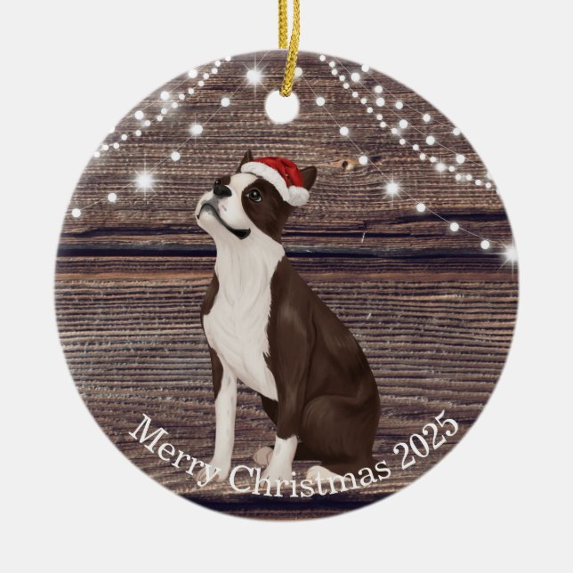 Cute Santa Hat Boston Terrier Christmas   Ceramic Ornament (Front)