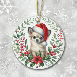 Cute Santa Hat Chihuahua Watercolor Wreath Ceramic Ornament