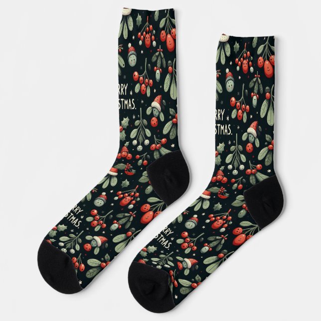 Cute Santa Hat Christmas Mistletoe branch Socks (Left)