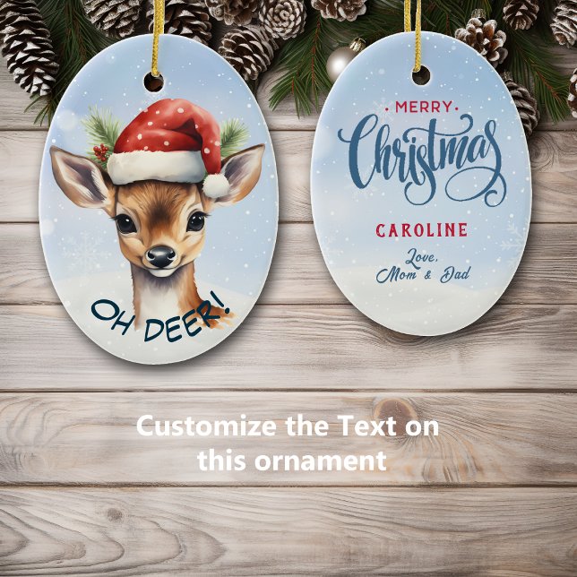 Cute Santa Hat Deer Fawn Kids Ceramic Ornament (Creator Uploaded)