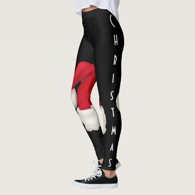 Cute Santa Hat Merry Christmas Typography Black Leggings (Left)
