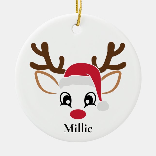 Cute Santa Hat Reindeer Christmas Ceramic Ornament (Front)