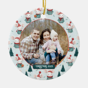 Cute Santa Hat White Mice Christmas Photo Ceramic Ornament