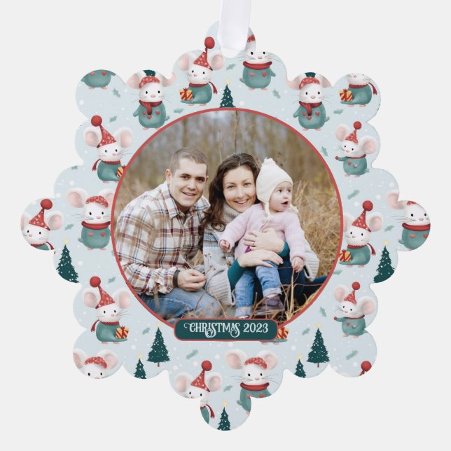 Cute Santa Hat White Mice Christmas Photo Ornament Card (Front)