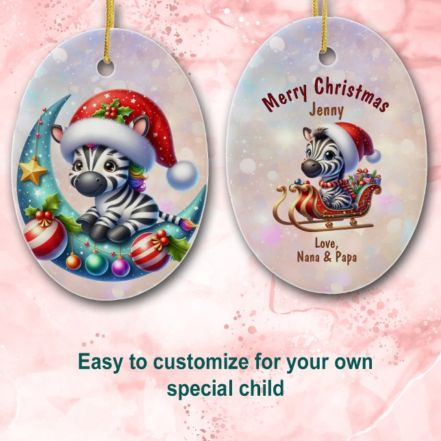Cute Santa Hat Zebra Moon and Sleigh Kids Ceramic Ornament (Creator Uploaded)