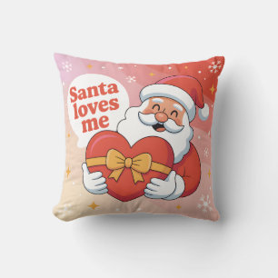 Cute Santa Hugging Heart - "Santa Loves Me" Throw Pillow
