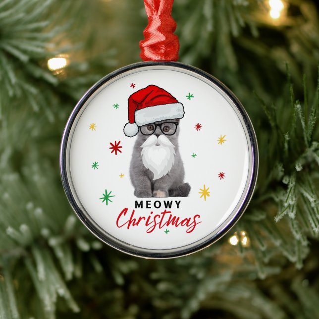 Cute Santa Kitten Meowy Christmas Metal Ornament (Tree)