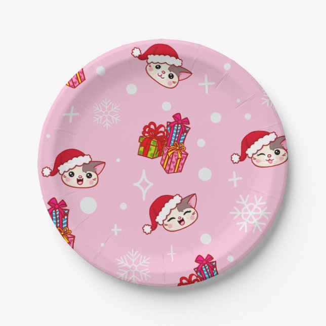 Cute Santa Kitties Pink Christmas Party Plates (Front)
