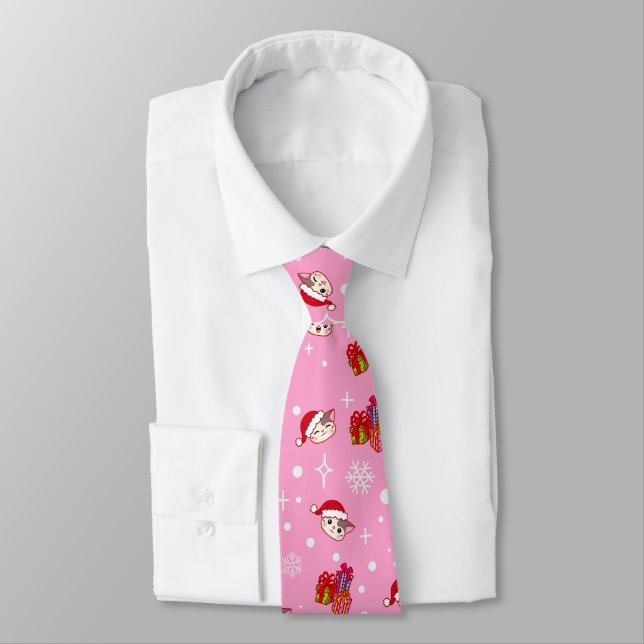 Cute Santa Kitties Retro Pink Christmas Tie (Tied)