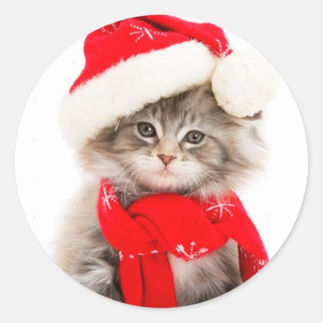 Cute Santa Kitty Classic Round Sticker (Front)