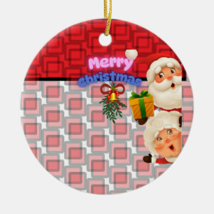Cute Santa & Mrs. Claus Merry Christmas Greeting  Ceramic Ornament